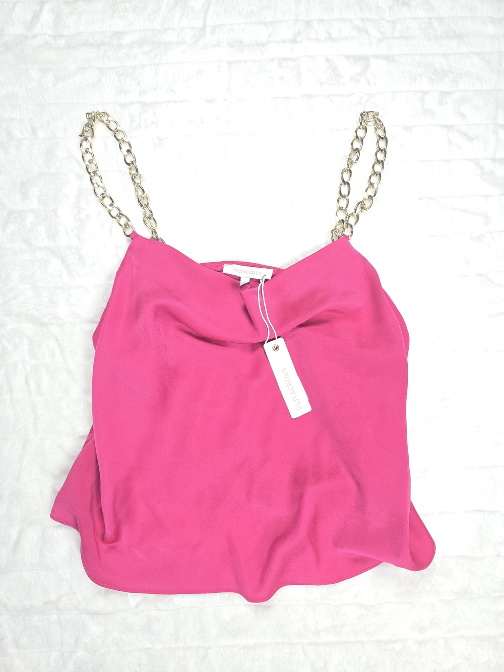Olivaceous Fuchsia Chain-Strap Cowl Neck Satin Cami